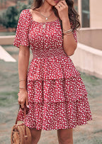 PRETTYGARDEN Women Floral Square Neck Short Sleeve Tiered Ruffle Boho Mini Dresses