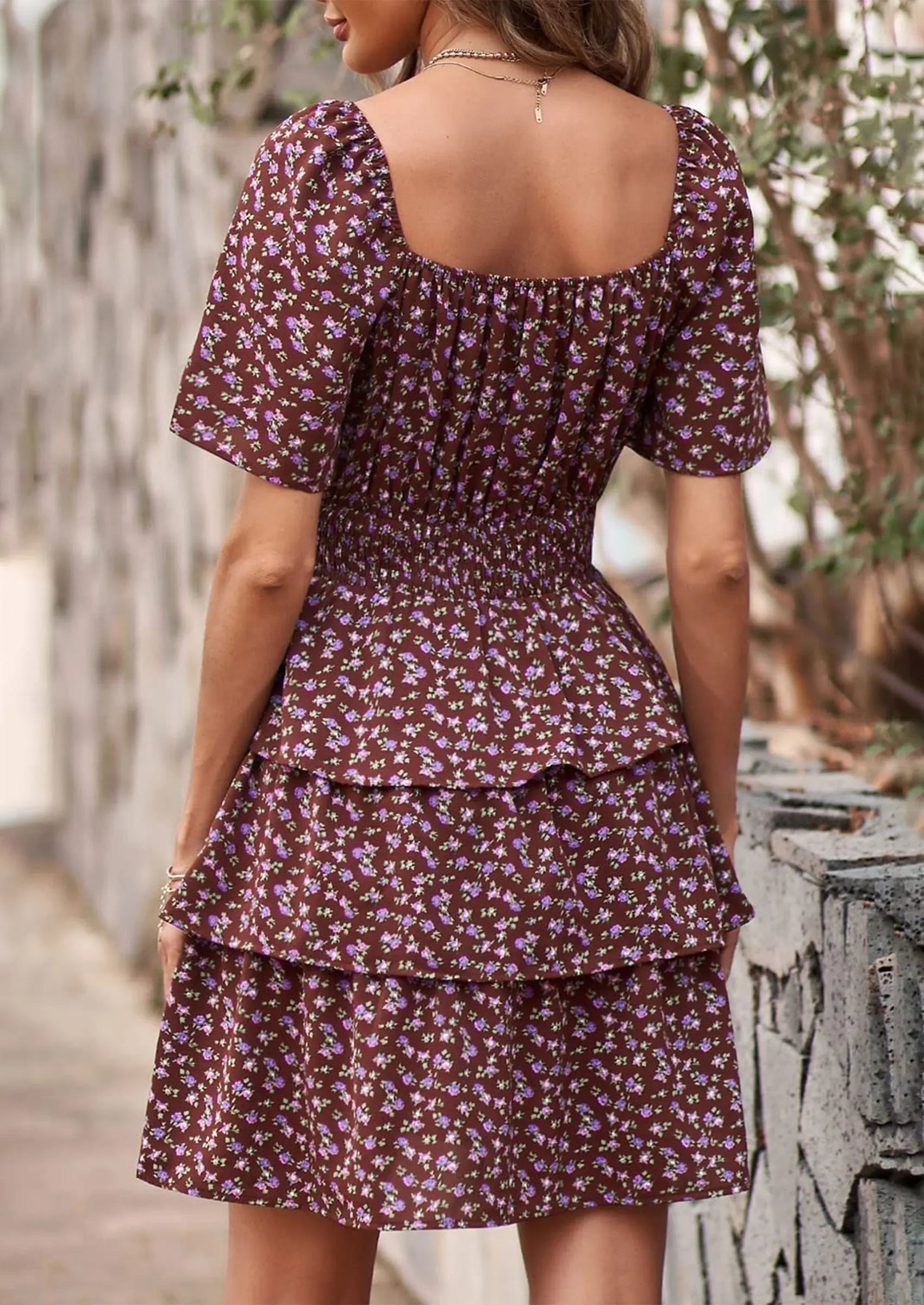 PRETTYGARDEN Women Floral Square Neck Short Sleeve Tiered Ruffle Boho Mini Dresses