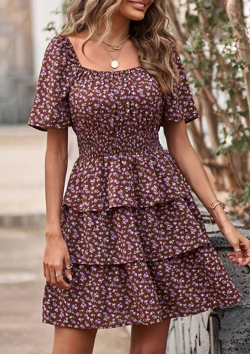 PRETTYGARDEN Women Floral Square Neck Short Sleeve Tiered Ruffle Boho Mini Dresses