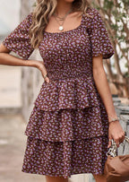 PRETTYGARDEN Women Floral Square Neck Short Sleeve Tiered Ruffle Boho Mini Dresses