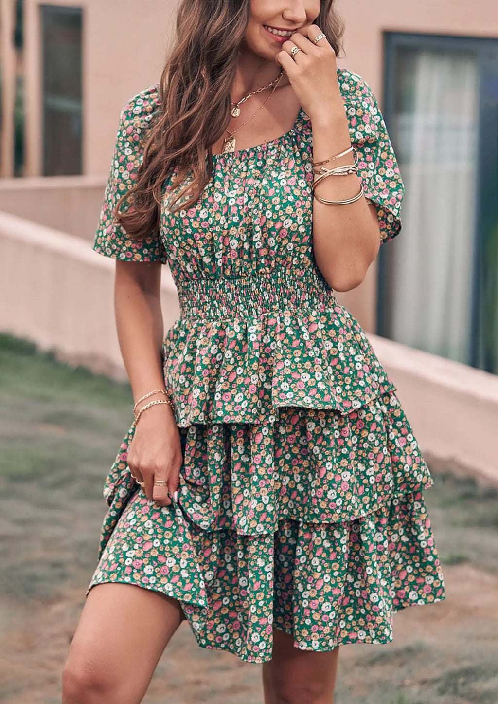 PRETTYGARDEN Women Floral Square Neck Short Sleeve Tiered Ruffle Boho Mini Dresses