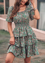 PRETTYGARDEN Women Floral Square Neck Short Sleeve Tiered Ruffle Boho Mini Dresses