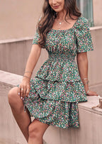 PRETTYGARDEN Women Floral Square Neck Short Sleeve Tiered Ruffle Boho Mini Dresses