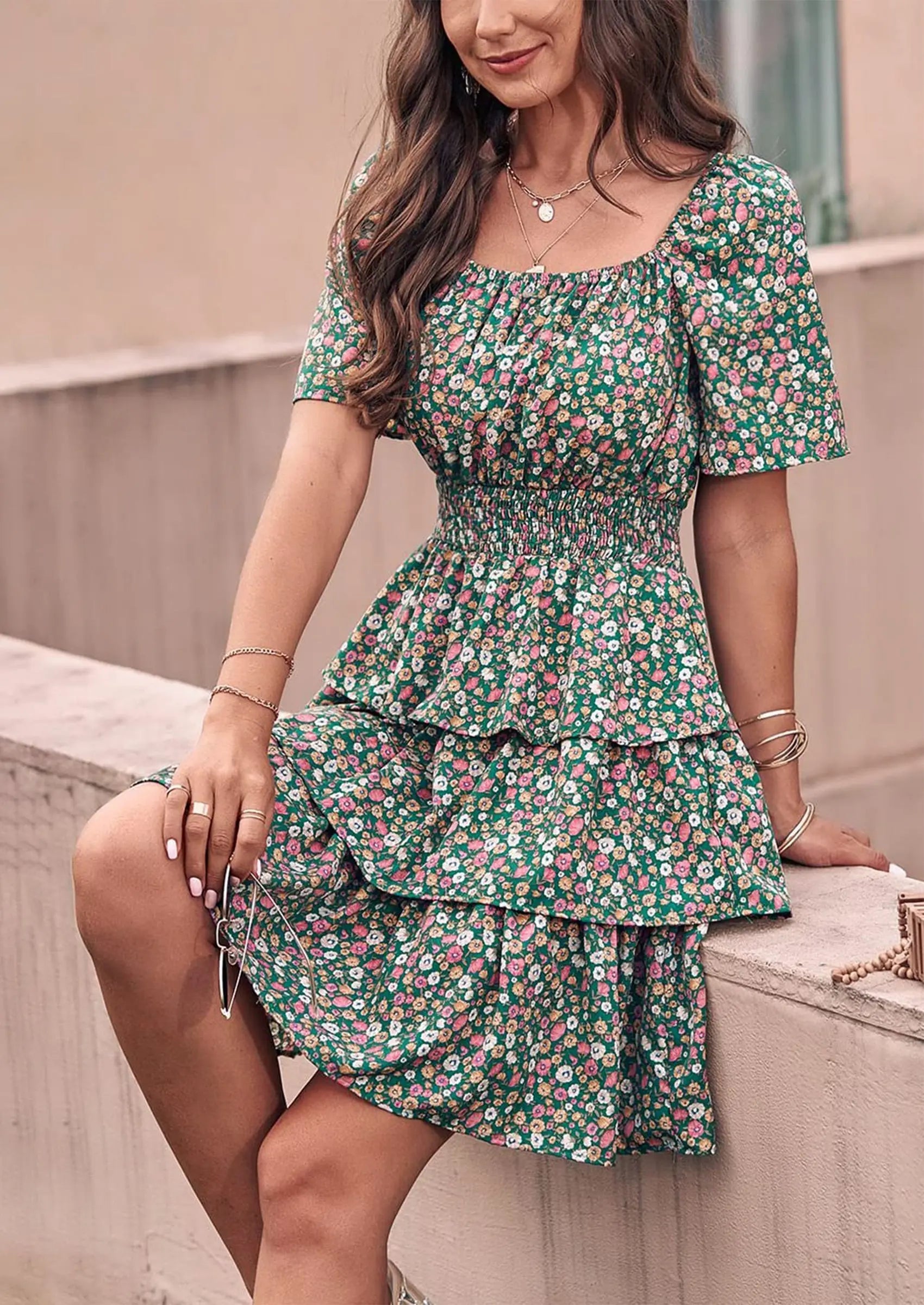 PRETTYGARDEN Women Floral Square Neck Short Sleeve Tiered Ruffle Boho Mini Dresses