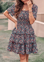 PRETTYGARDEN Women Floral Square Neck Short Sleeve Tiered Ruffle Boho Mini Dresses