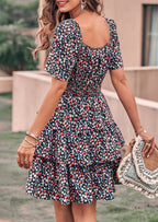 PRETTYGARDEN Women Floral Square Neck Short Sleeve Tiered Ruffle Boho Mini Dresses