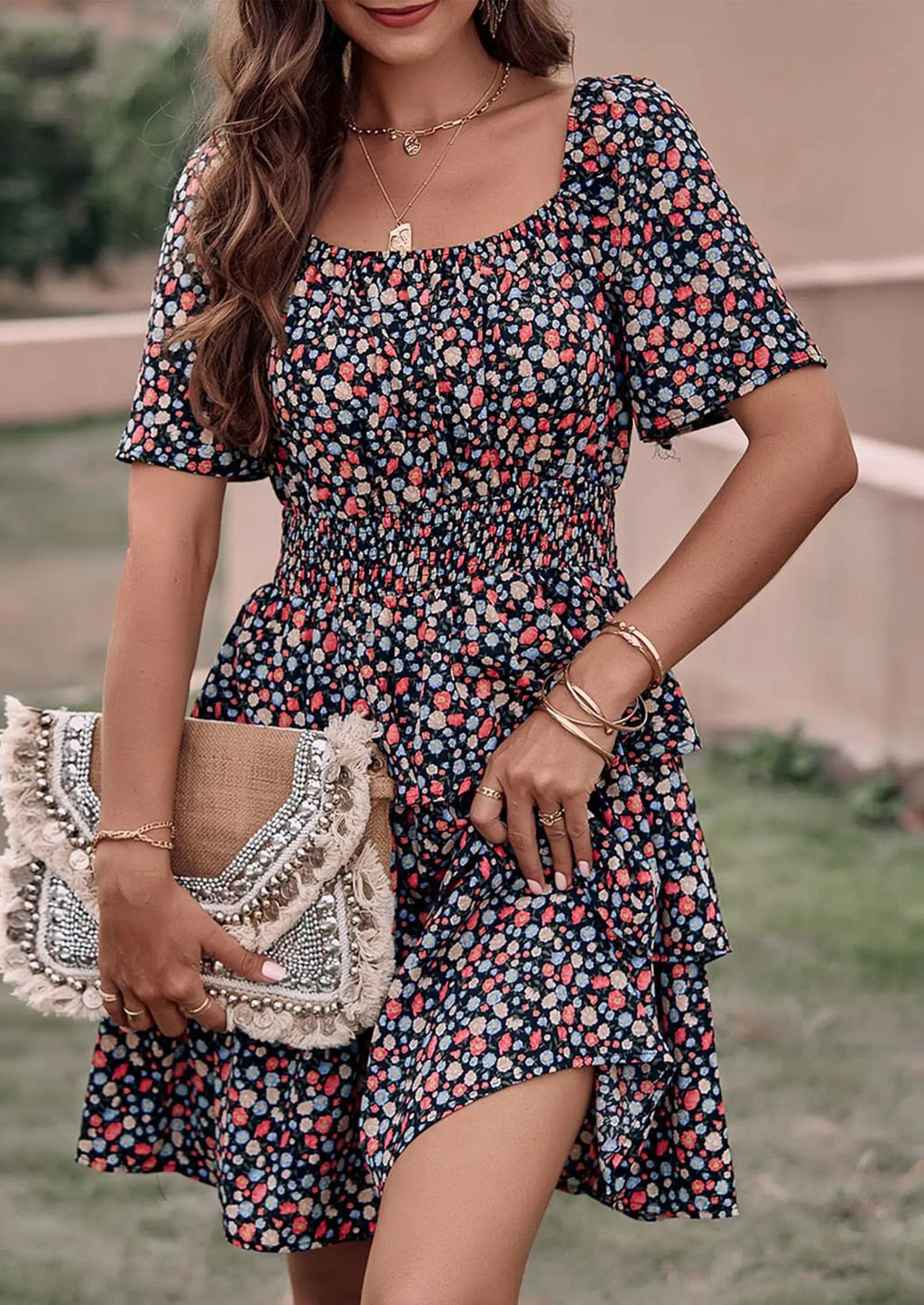 PRETTYGARDEN Women Floral Square Neck Short Sleeve Tiered Ruffle Boho Mini Dresses