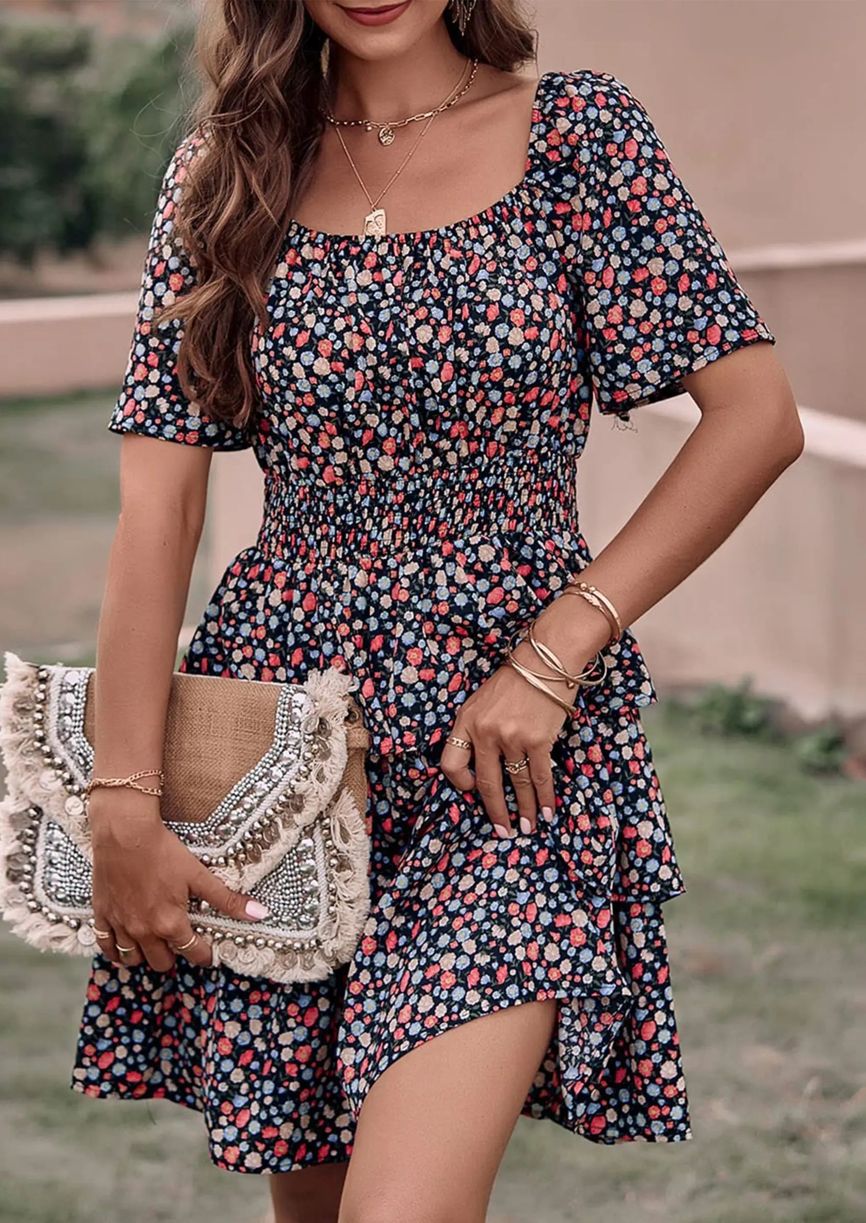 PRETTYGARDEN Women Floral Square Neck Short Sleeve Tiered Ruffle Boho Mini Dresses