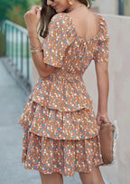 PRETTYGARDEN Women Floral Square Neck Short Sleeve Tiered Ruffle Boho Mini Dresses