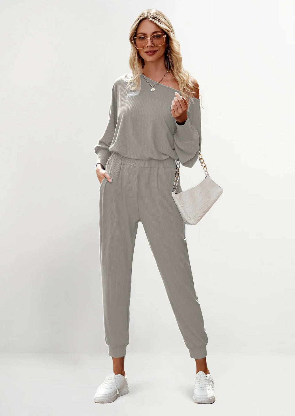 PRETTYGARDEN Women's 2 Piece Ribbed Tracksuit Outfits Off Shoulder Long Sleeve Pullover Lounge Pants with Pockets