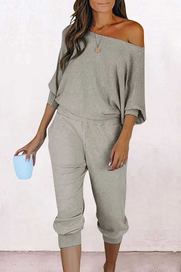 PRETTYGARDEN Women's 2 Piece Ribbed Tracksuit Outfits Off Shoulder Long Sleeve Pullover Lounge Pants with Pockets