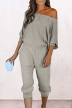 PRETTYGARDEN Women's 2 Piece Ribbed Tracksuit Outfits Off Shoulder Long Sleeve Pullover Lounge Pants with Pockets