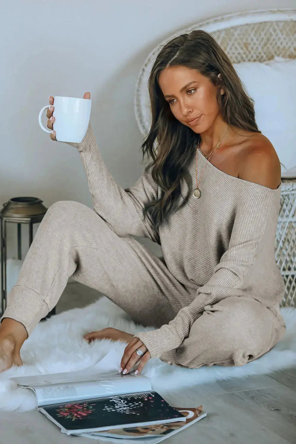 PRETTYGARDEN Women's 2 Piece Ribbed Tracksuit Outfits Off Shoulder Long Sleeve Pullover Lounge Pants with Pockets