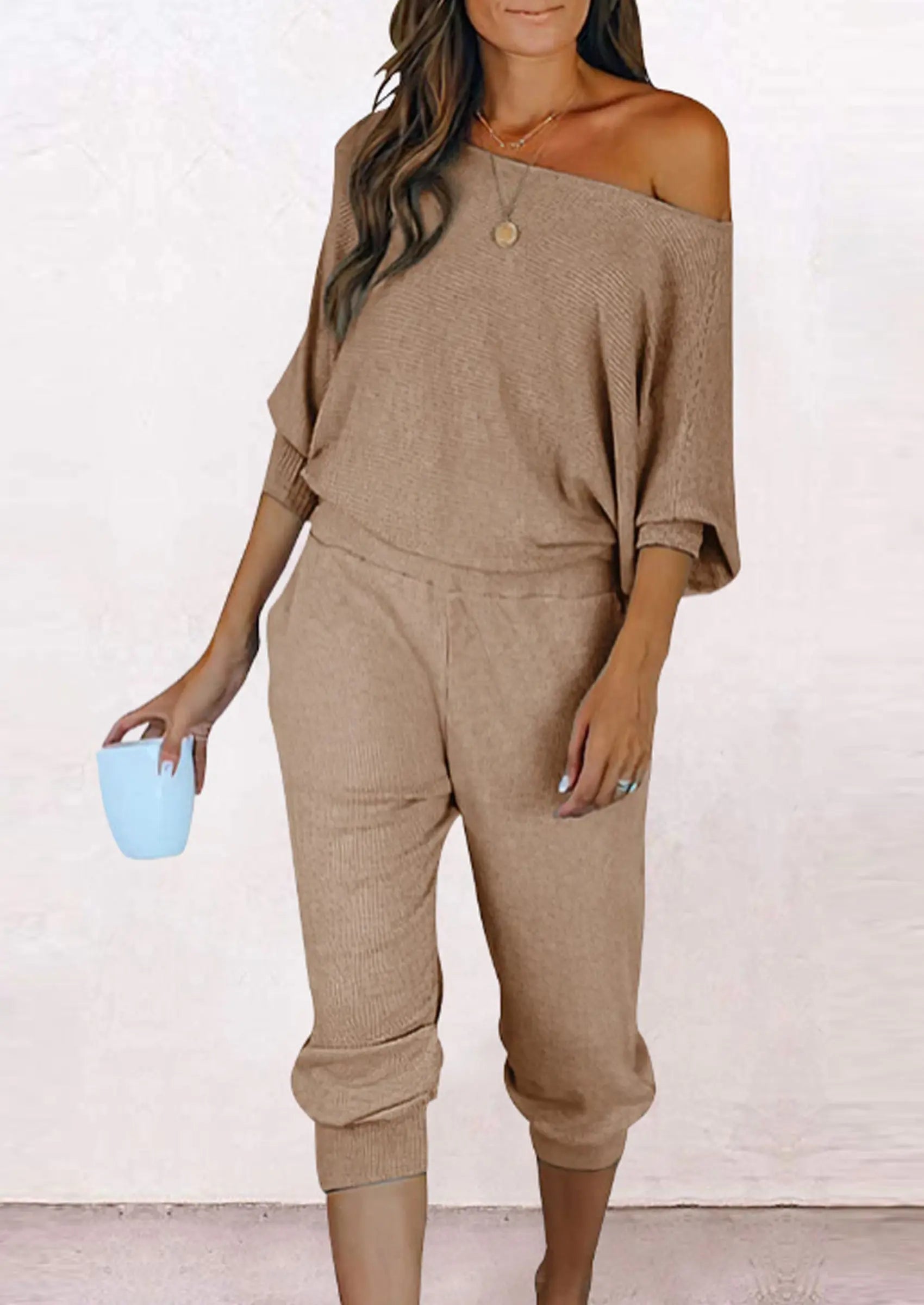 PRETTYGARDEN Women's 2 Piece Ribbed Tracksuit Outfits Off Shoulder Long Sleeve Pullover Lounge Pants with Pockets