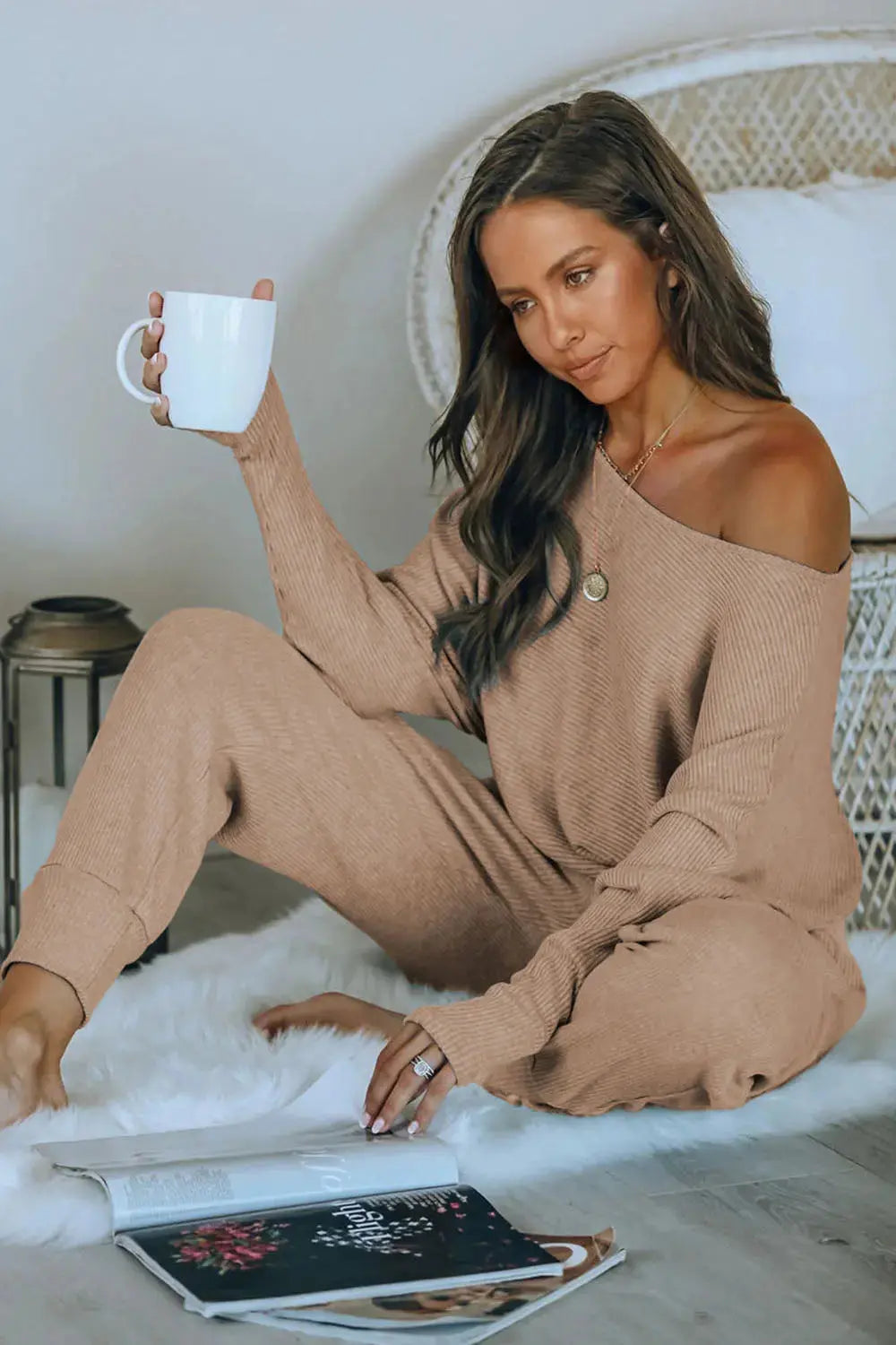PRETTYGARDEN Women's 2 Piece Ribbed Tracksuit Outfits Off Shoulder Long Sleeve Pullover Lounge Pants with Pockets