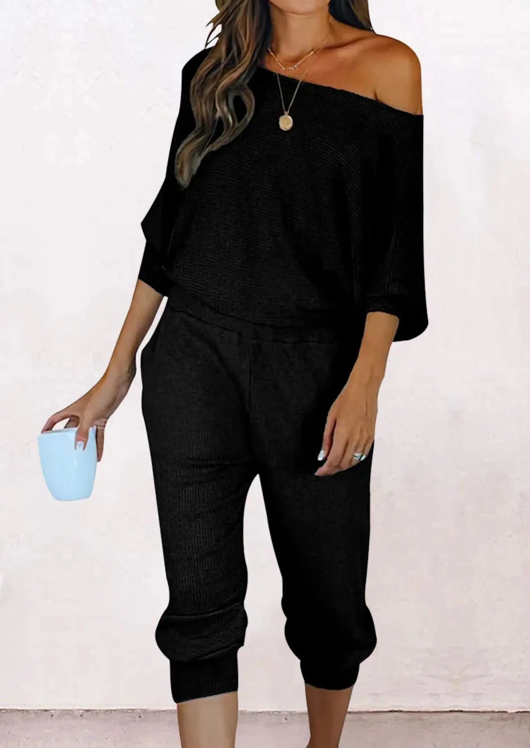 PRETTYGARDEN Women's 2 Piece Ribbed Tracksuit Outfits Off Shoulder Long Sleeve Pullover Lounge Pants with Pockets