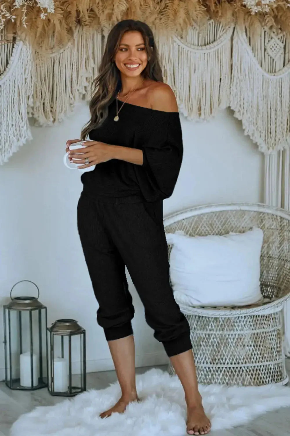 PRETTYGARDEN Women's 2 Piece Ribbed Tracksuit Outfits Off Shoulder Long Sleeve Pullover Lounge Pants with Pockets