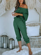 PRETTYGARDEN Women's 2 Piece Ribbed Tracksuit Outfits Off Shoulder Long Sleeve Pullover Lounge Pants with Pockets