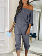 PRETTYGARDEN Women's 2 Piece Ribbed Tracksuit Outfits Off Shoulder Long Sleeve Pullover Lounge Pants with Pockets