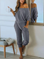 PRETTYGARDEN Women's 2 Piece Ribbed Tracksuit Outfits Off Shoulder Long Sleeve Pullover Lounge Pants with Pockets