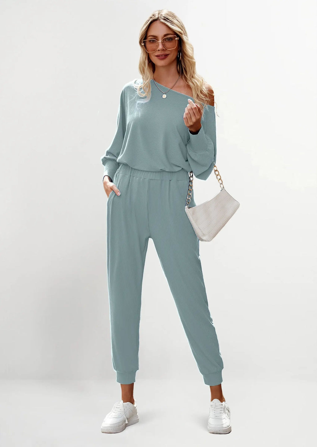 PRETTYGARDEN Women's 2 Piece Ribbed Tracksuit Outfits Off Shoulder Long Sleeve Pullover Lounge Pants with Pockets