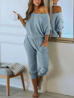 PRETTYGARDEN Women's 2 Piece Ribbed Tracksuit Outfits Off Shoulder Long Sleeve Pullover Lounge Pants with Pockets