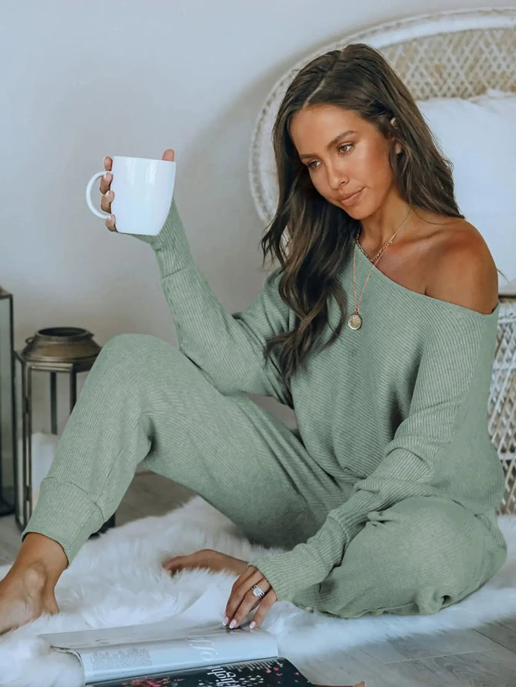 PRETTYGARDEN Women's 2 Piece Ribbed Tracksuit Outfits Off Shoulder Long Sleeve Pullover Lounge Pants with Pockets
