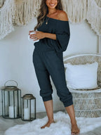 PRETTYGARDEN Women's 2 Piece Ribbed Tracksuit Outfits Off Shoulder Long Sleeve Pullover Lounge Pants with Pockets