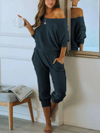PRETTYGARDEN Women's 2 Piece Ribbed Tracksuit Outfits Off Shoulder Long Sleeve Pullover Lounge Pants with Pockets