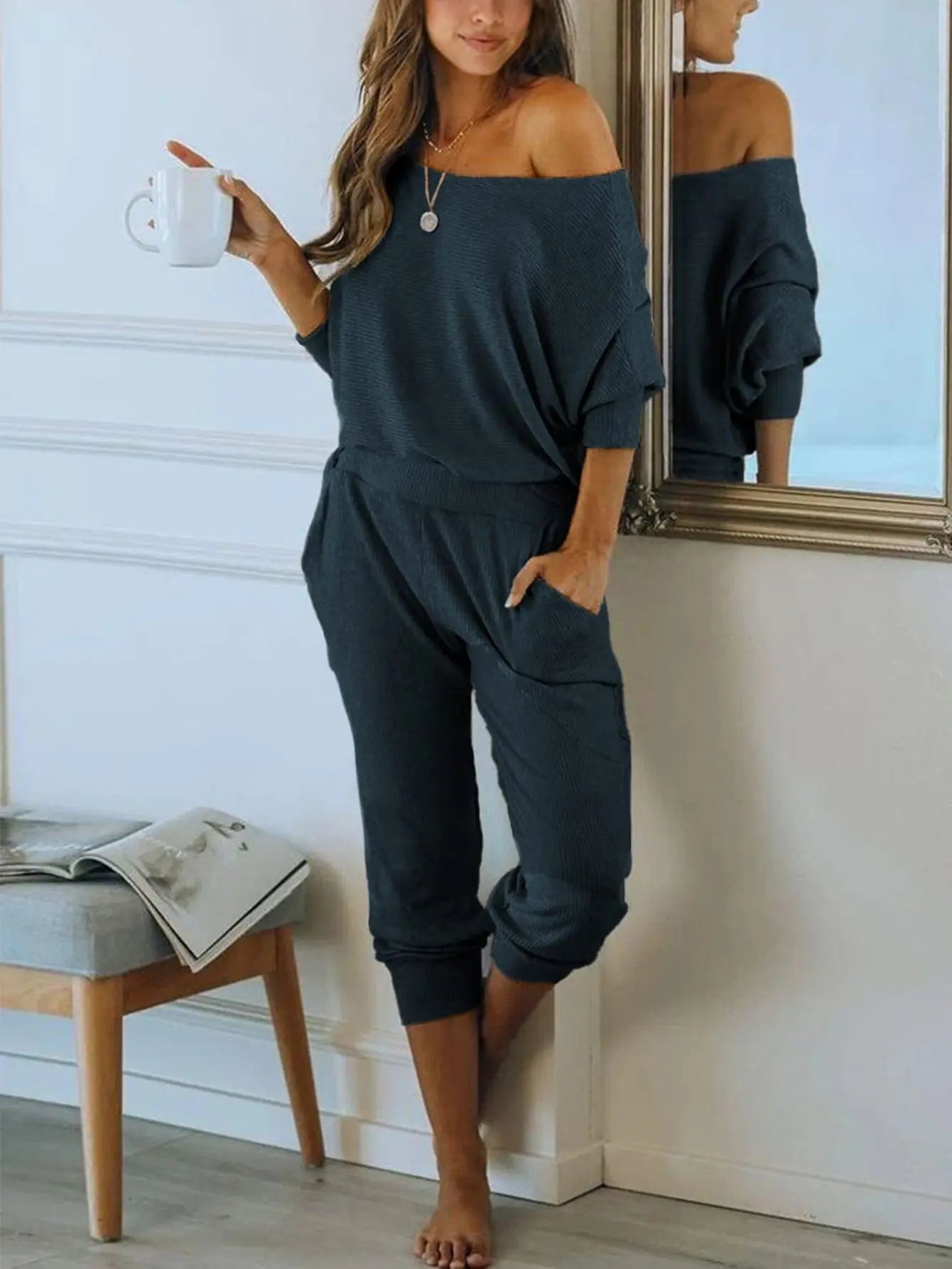 PRETTYGARDEN Women's 2 Piece Ribbed Tracksuit Outfits Off Shoulder Long Sleeve Pullover Lounge Pants with Pockets