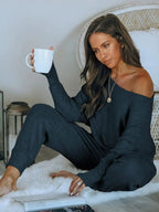 PRETTYGARDEN Women's 2 Piece Ribbed Tracksuit Outfits Off Shoulder Long Sleeve Pullover Lounge Pants with Pockets