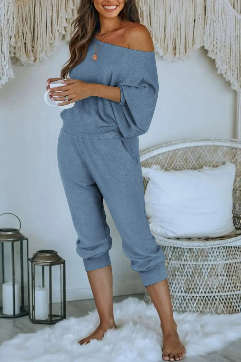PRETTYGARDEN Women's 2 Piece Ribbed Tracksuit Outfits Off Shoulder Long Sleeve Pullover Lounge Pants with Pockets