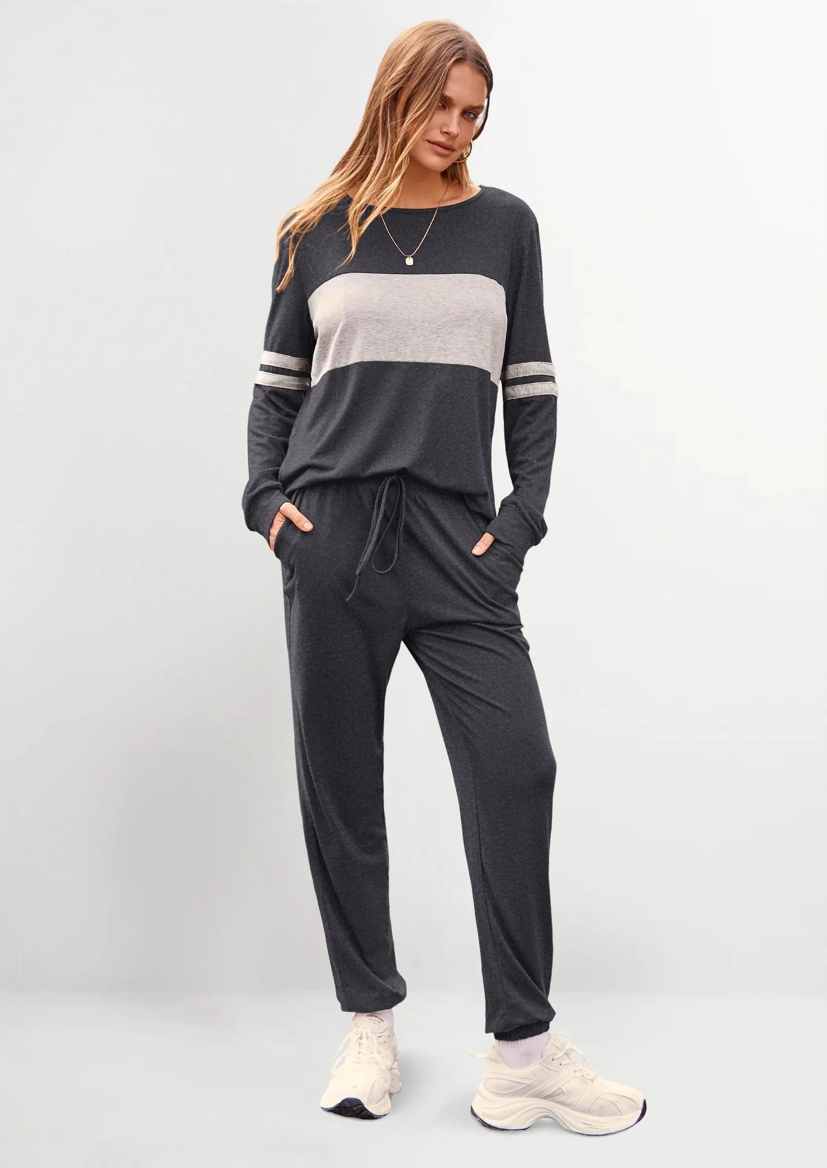 PRETTYGARDEN Women's Color Block 2 Piece Spring Tracksuit Crewneck Long Sleeve Tops Long Sweatpants Outfits Lounge Sets