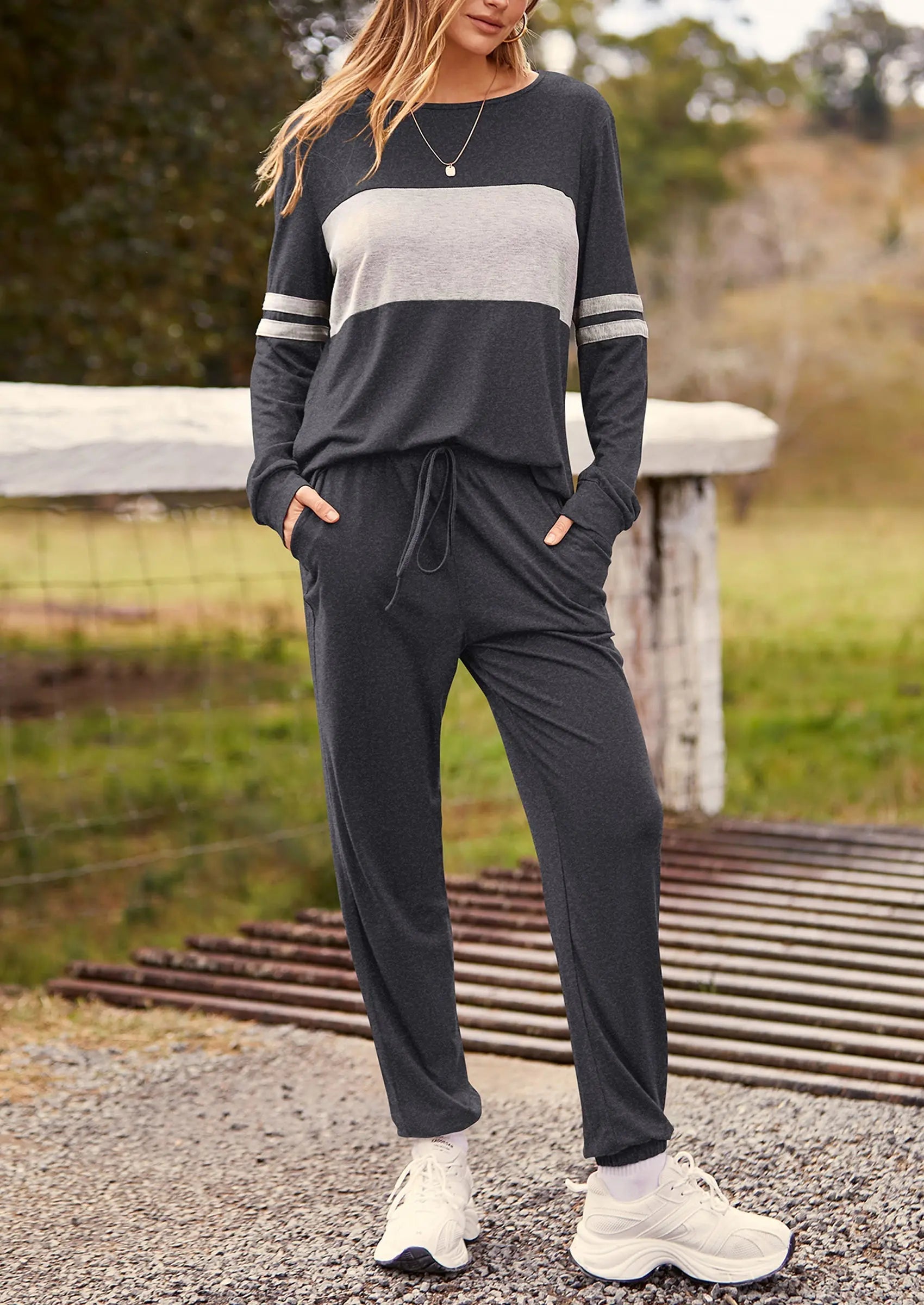 PRETTYGARDEN Women's Color Block 2 Piece Spring Tracksuit Crewneck Long Sleeve Tops Long Sweatpants Outfits Lounge Sets