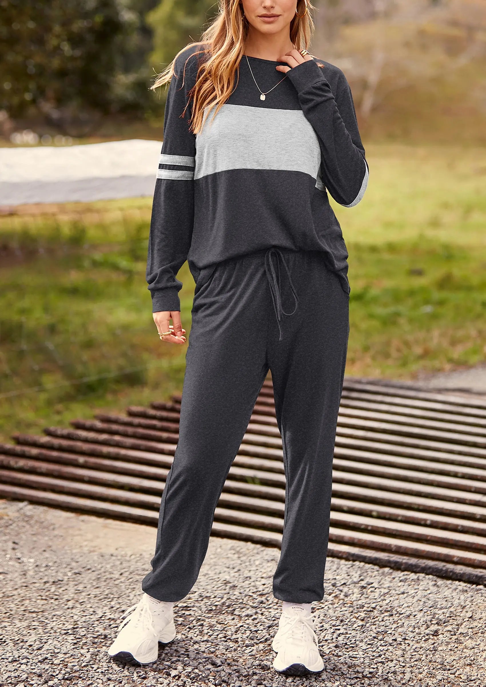 PRETTYGARDEN Women's Color Block 2 Piece Spring Tracksuit Crewneck Long Sleeve Tops Long Sweatpants Outfits Lounge Sets