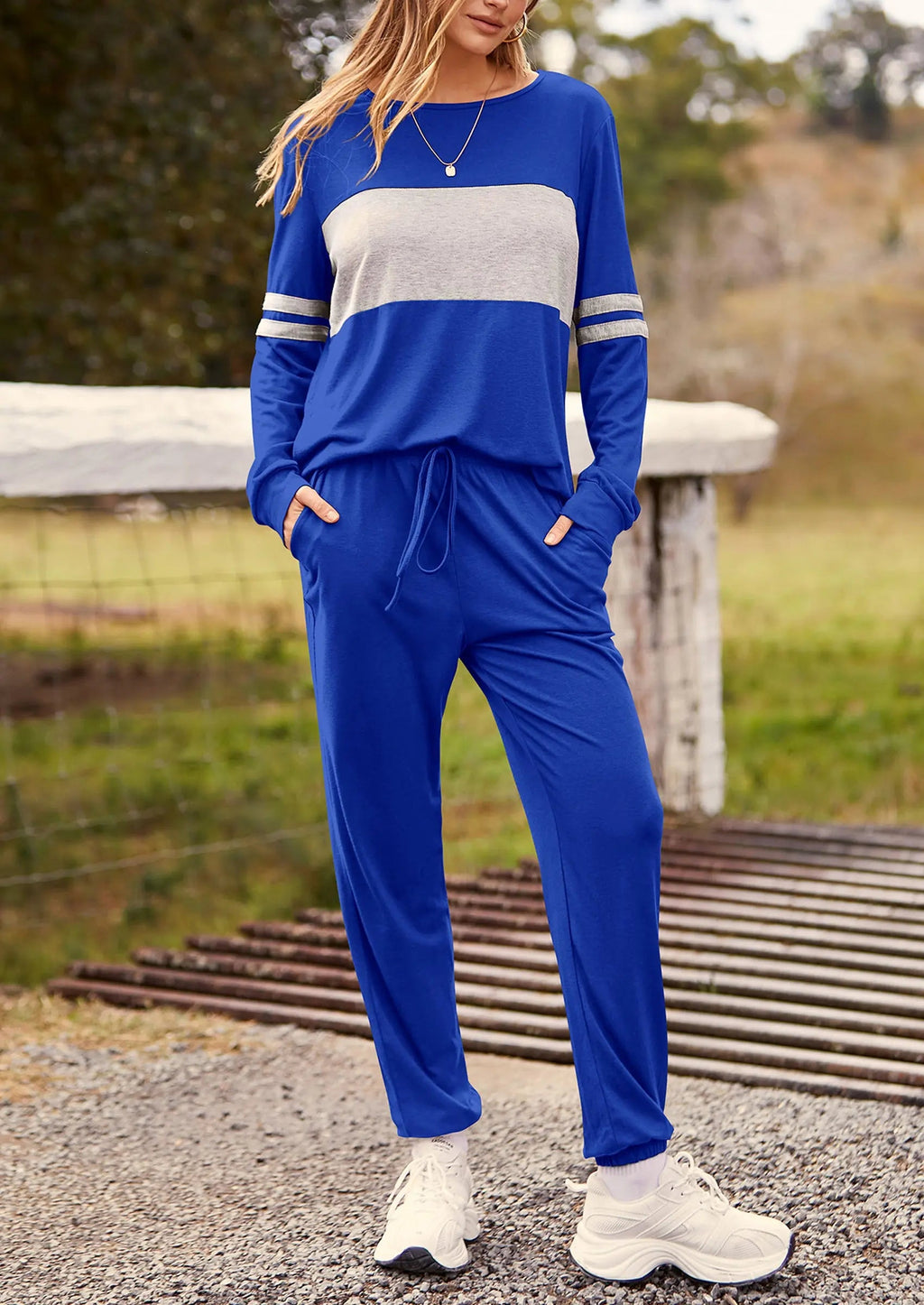 PRETTYGARDEN Women's Color Block 2 Piece Spring Tracksuit Crewneck Long Sleeve Tops Long Sweatpants Outfits Lounge Sets