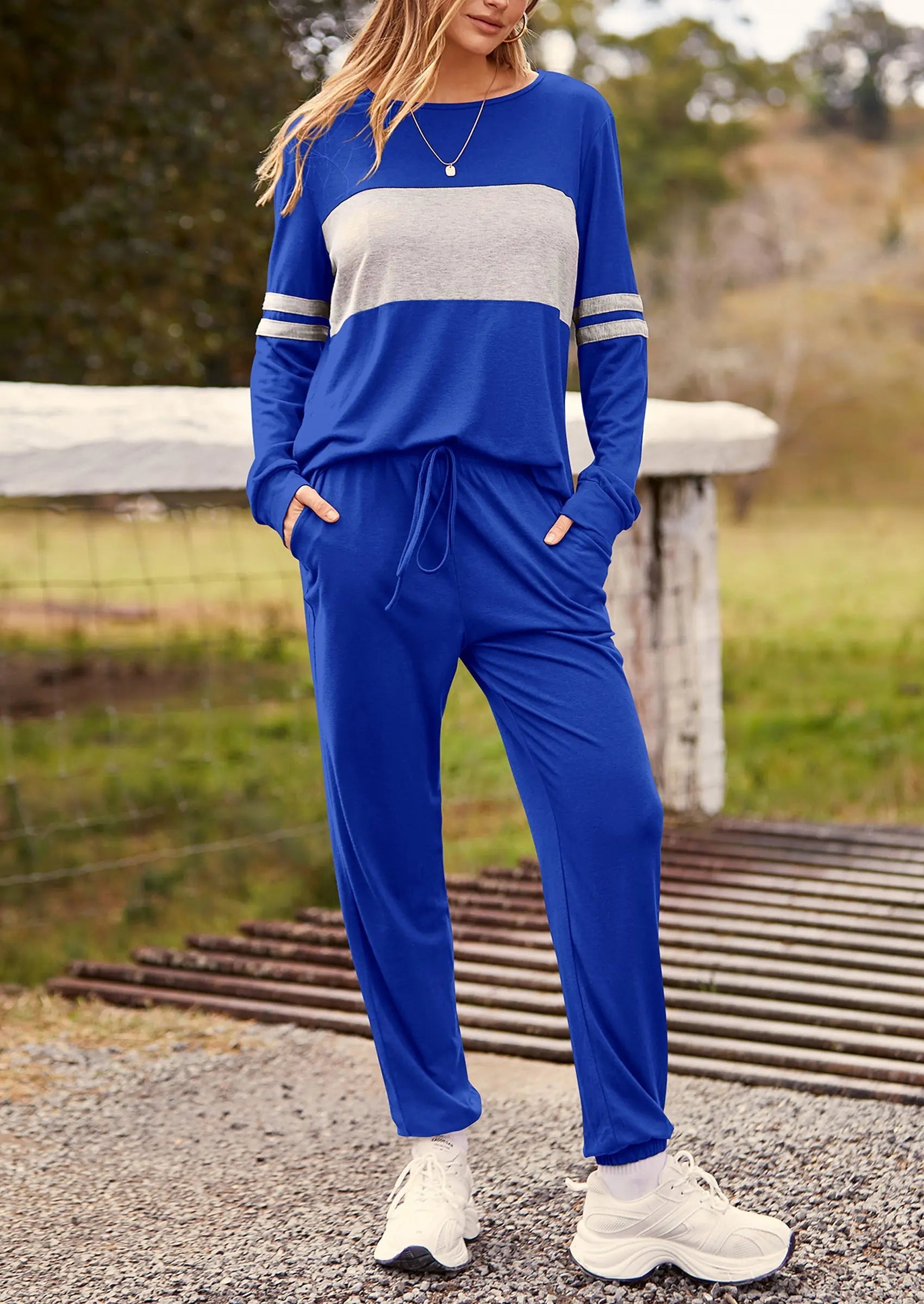 PRETTYGARDEN Women's Color Block 2 Piece Spring Tracksuit Crewneck Long Sleeve Tops Long Sweatpants Outfits Lounge Sets