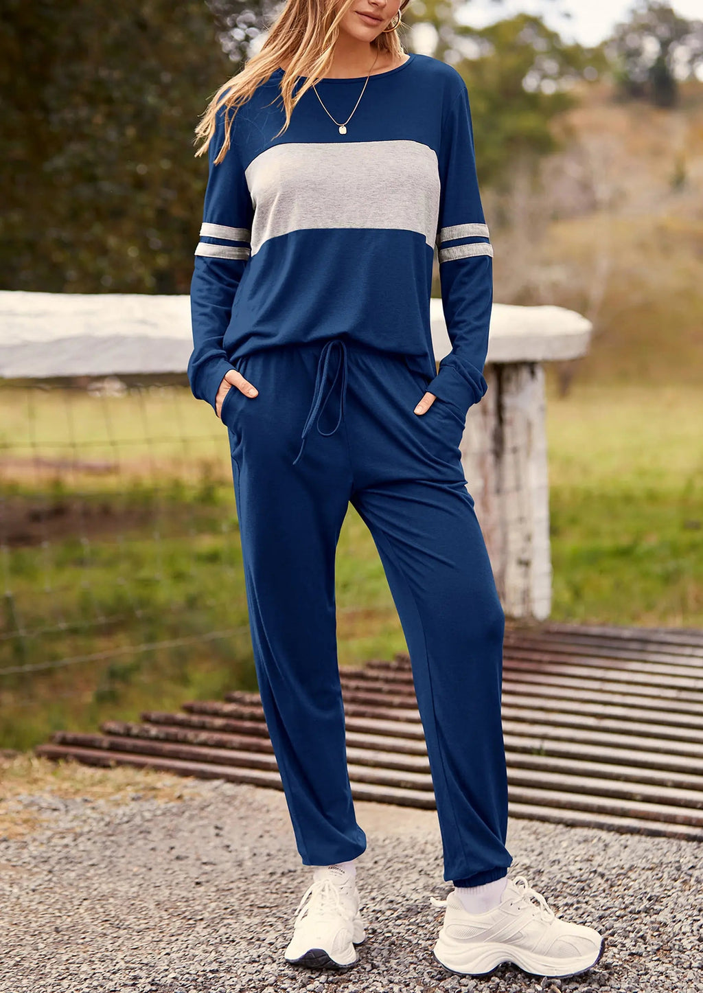 PRETTYGARDEN Women's Color Block 2 Piece Spring Tracksuit Crewneck Long Sleeve Tops Long Sweatpants Outfits Lounge Sets