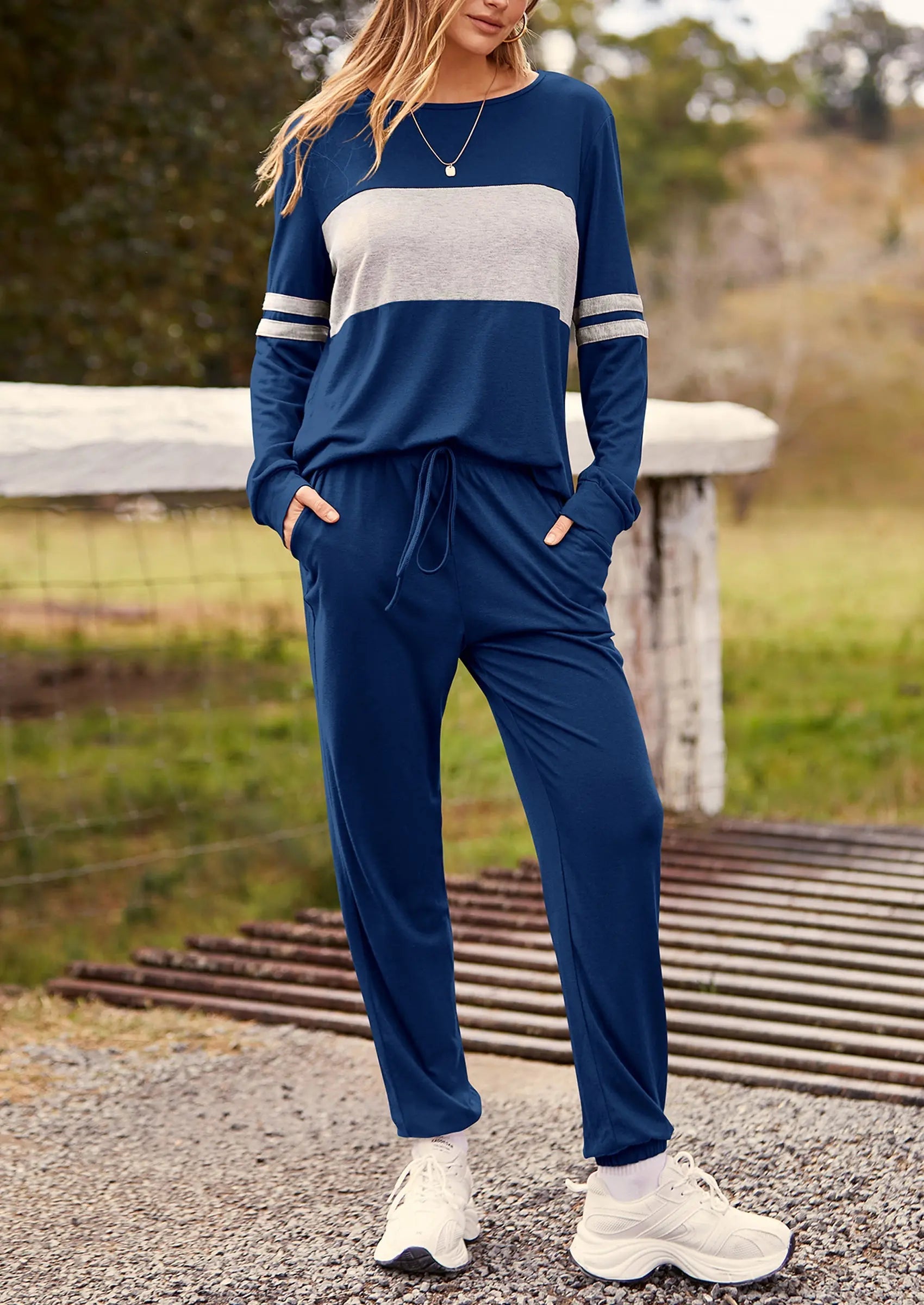 PRETTYGARDEN Women's Color Block 2 Piece Spring Tracksuit Crewneck Long Sleeve Tops Long Sweatpants Outfits Lounge Sets