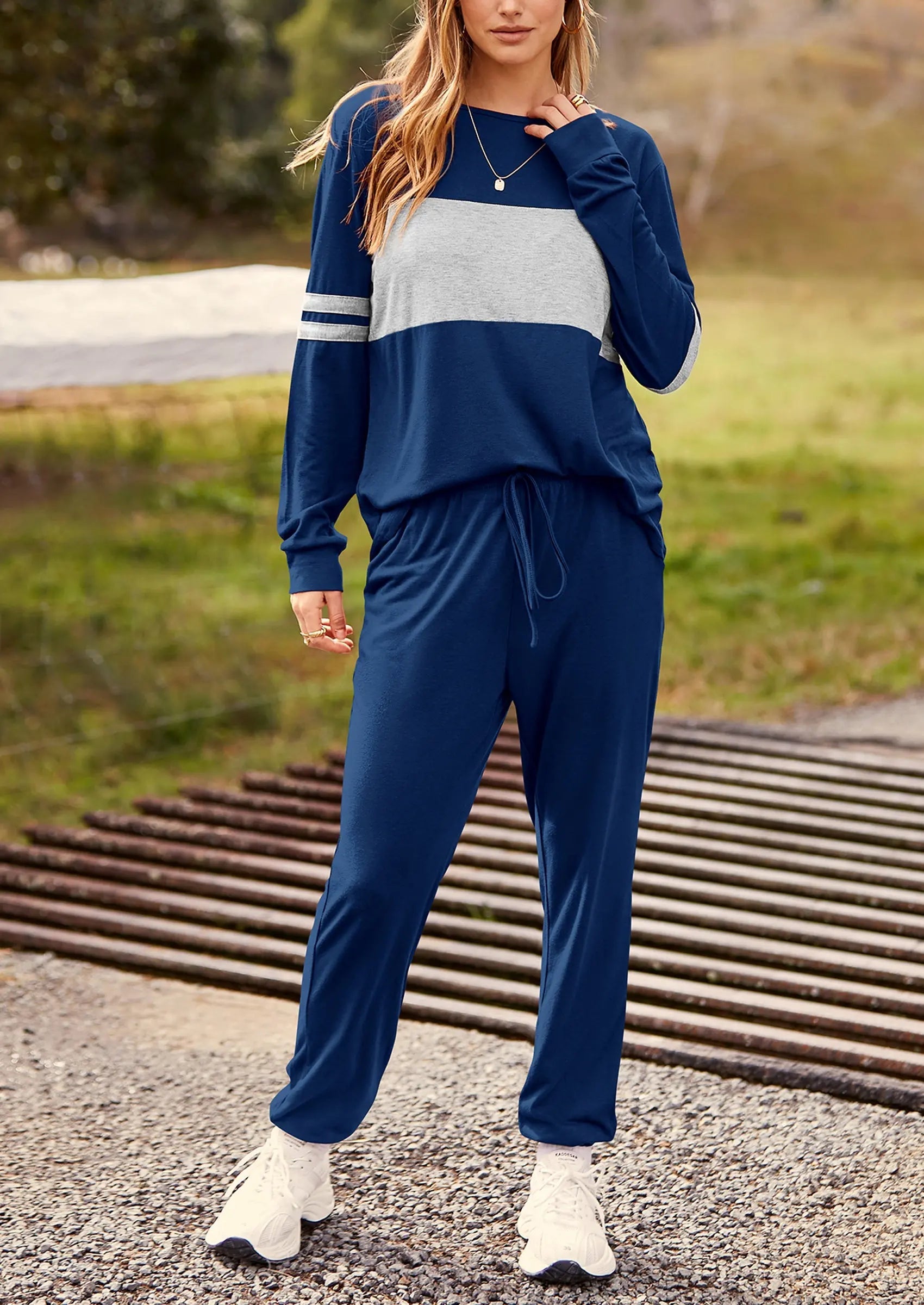 PRETTYGARDEN Women's Color Block 2 Piece Spring Tracksuit Crewneck Long Sleeve Tops Long Sweatpants Outfits Lounge Sets