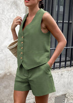 PRETTYGARDEN Women's Summer 2 Piece Outfits Sleeveless Matching Sets Button Down V Neck Vest Waistcoat and Pockets Shorts