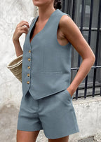 PRETTYGARDEN Women's Summer 2 Piece Outfits Sleeveless Matching Sets Button Down V Neck Vest Waistcoat and Pockets Shorts