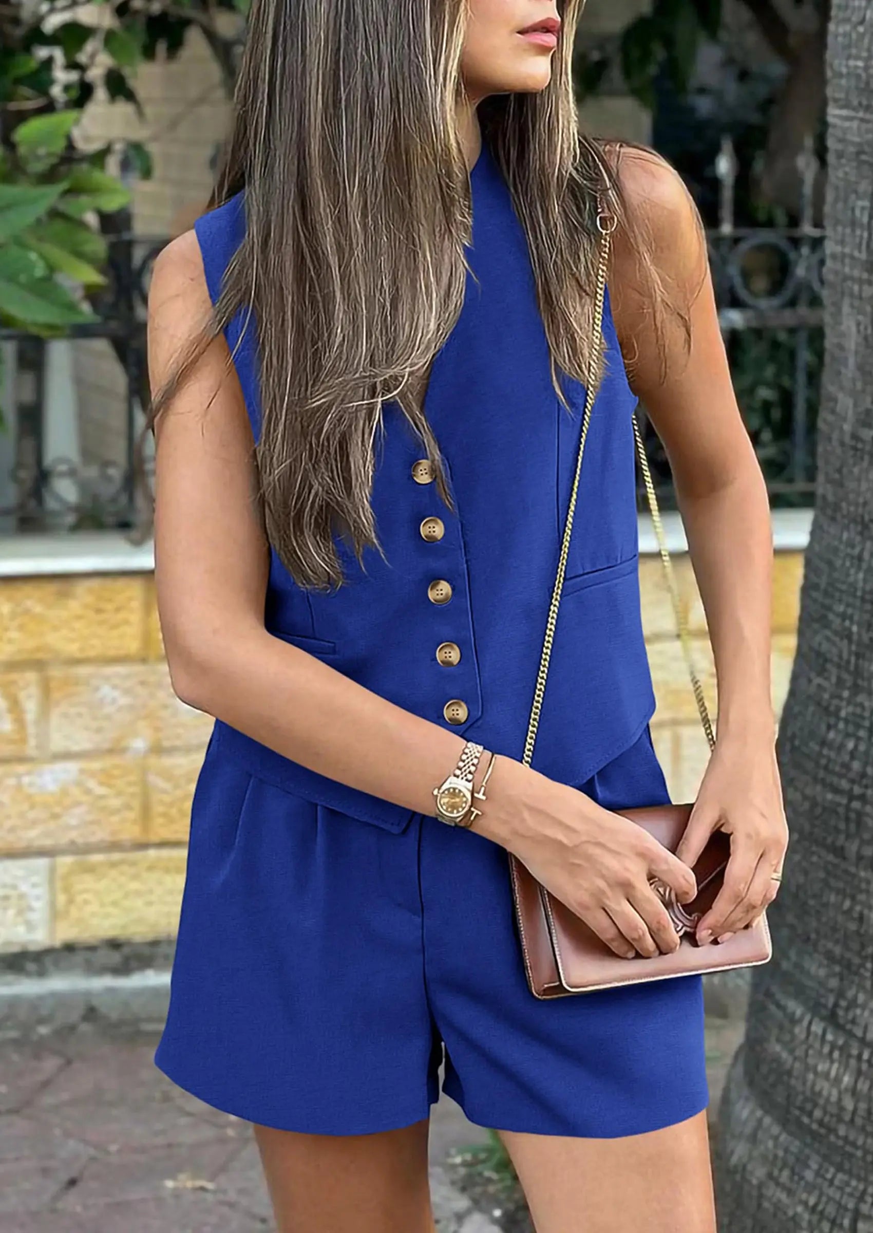 PRETTYGARDEN Women's Summer 2 Piece Outfits Sleeveless Matching Sets Button Down V Neck Vest Waistcoat and Pockets Shorts