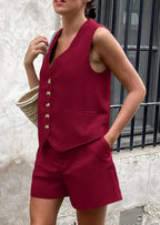 PRETTYGARDEN Women's Summer 2 Piece Outfits Sleeveless Matching Sets Button Down V Neck Vest Waistcoat and Pockets Shorts