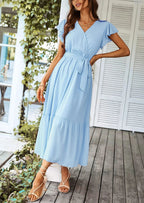 PRETTYGARDEN Women's Summer Floral Boho Maxi Dress Wrap Short Sleeve V Neck Ruffle A-Line Flowy Wedding Guest Long Dresses