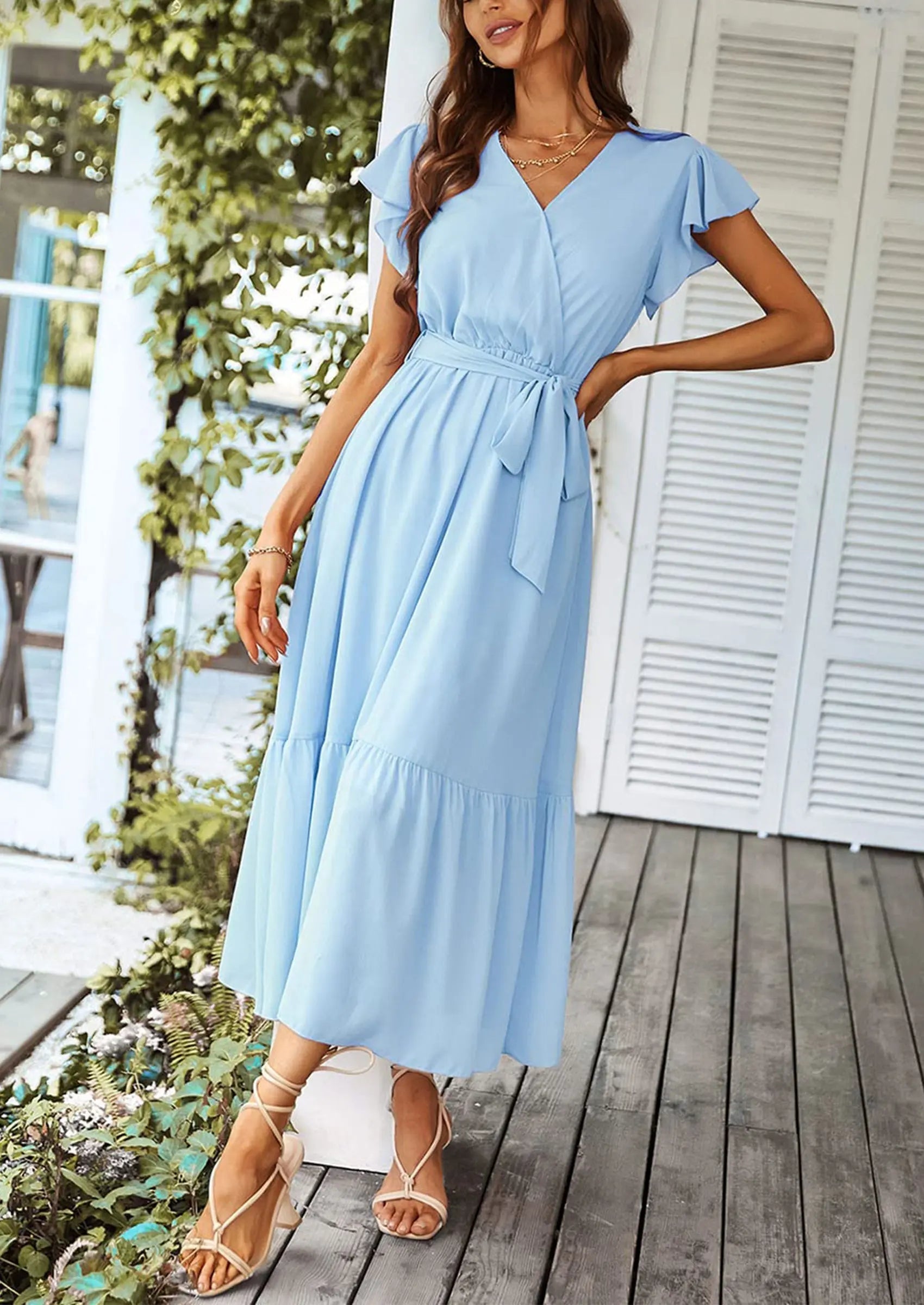 PRETTYGARDEN Women's Summer Floral Boho Maxi Dress Wrap Short Sleeve V Neck Ruffle A-Line Flowy Wedding Guest Long Dresses