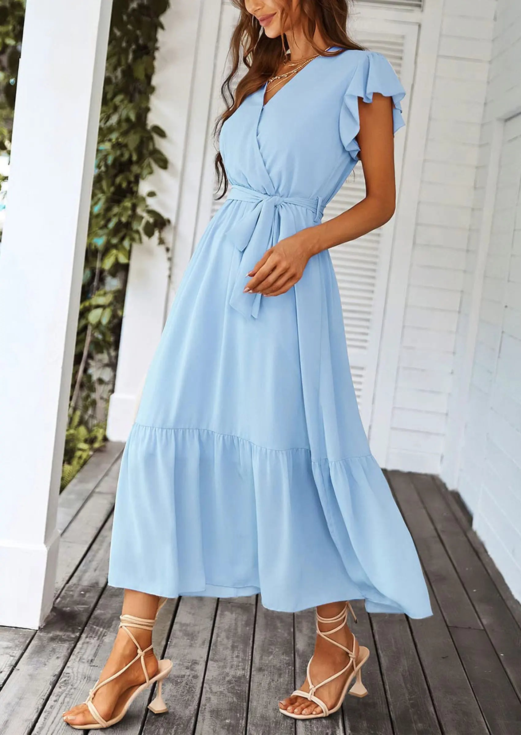 PRETTYGARDEN Women's Summer Floral Boho Maxi Dress Wrap Short Sleeve V Neck Ruffle A-Line Flowy Wedding Guest Long Dresses