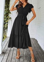 PRETTYGARDEN Women's Summer Floral Boho Maxi Dress Wrap Short Sleeve V Neck Ruffle A-Line Flowy Wedding Guest Long Dresses