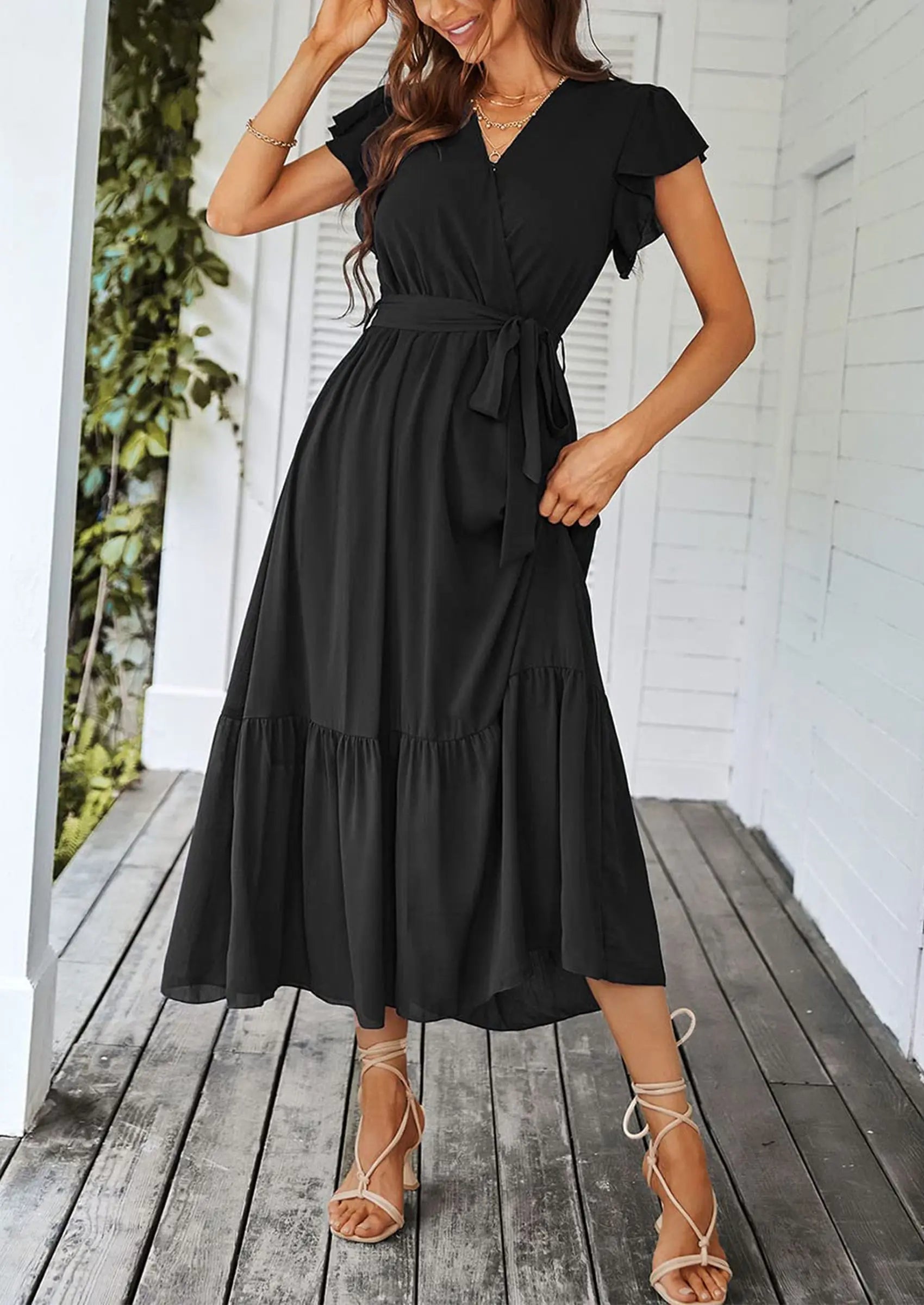 PRETTYGARDEN Women's Summer Floral Boho Maxi Dress Wrap Short Sleeve V Neck Ruffle A-Line Flowy Wedding Guest Long Dresses
