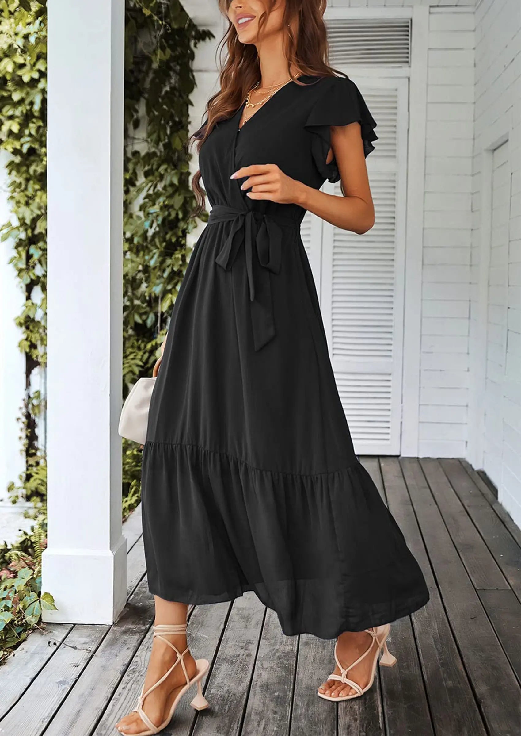 PRETTYGARDEN Women's Summer Floral Boho Maxi Dress Wrap Short Sleeve V Neck Ruffle A-Line Flowy Wedding Guest Long Dresses